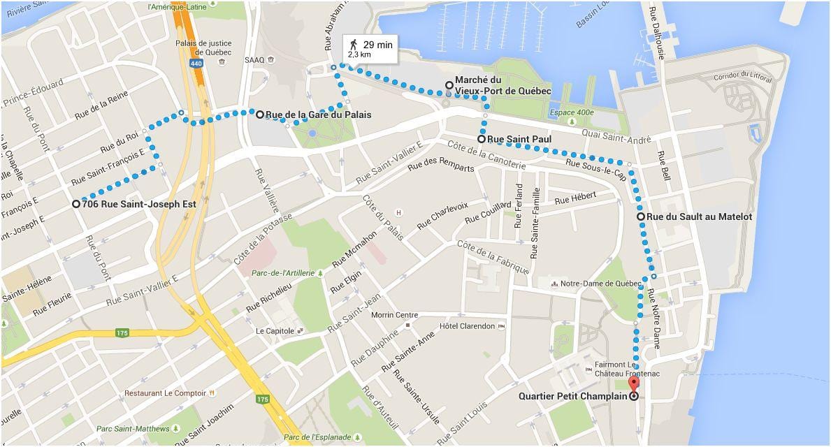 Karta över nedre staden Quebec City